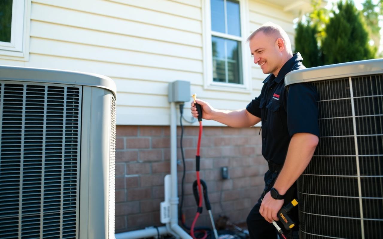 HVAC technician servicing a residential outdoor AC unit