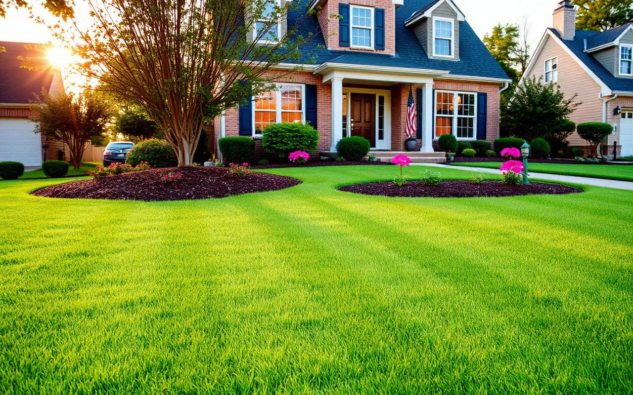 Freshly mowed suburban lawn with tidy mulch beds and flowers