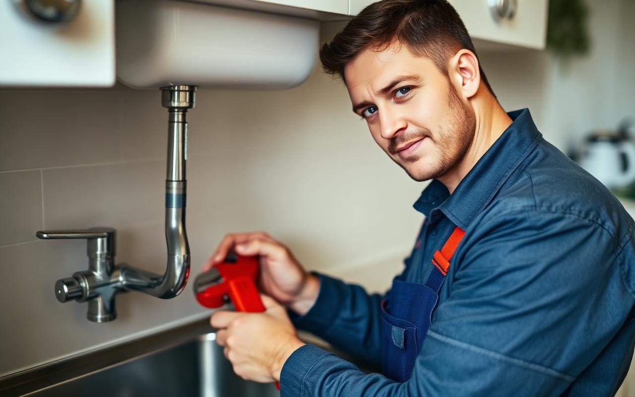 Licensed plumber working under a residential kitchen sink